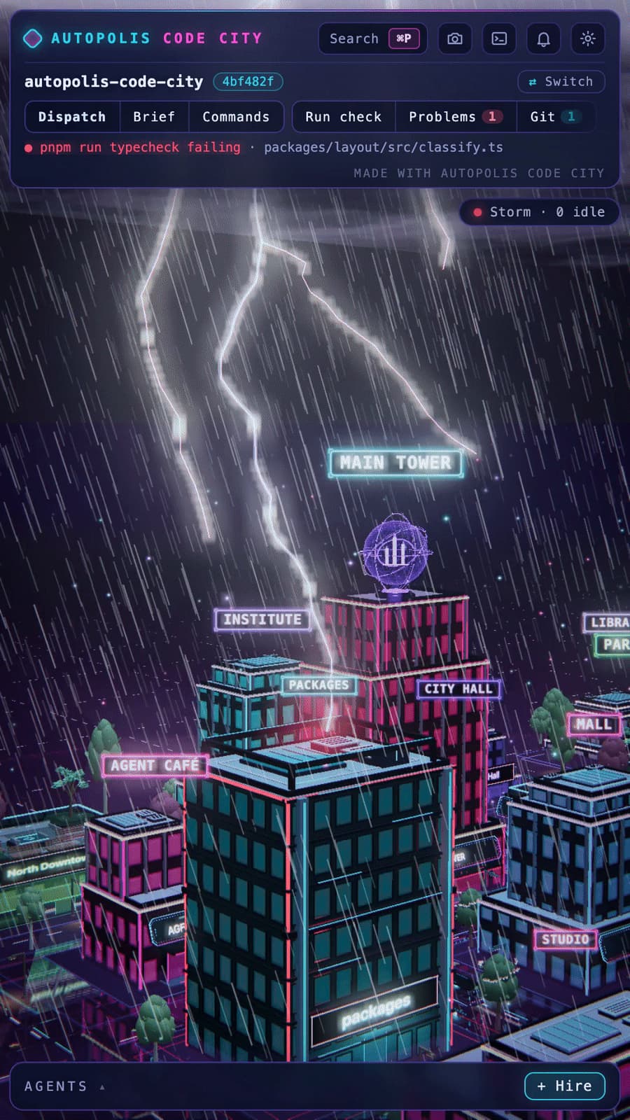 Code City app screenshot: the autopolis-code-city repository as a neon city in a thunderstorm because its typecheck is failing, with buildings named Main Tower, Packages, City Hall and Agent Cafe