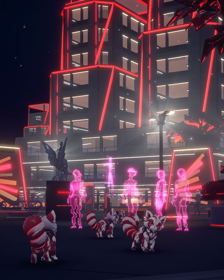 Canvas: a red neon-edged building with pink hologram figures and red pandas