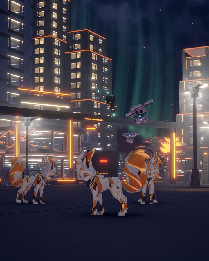 Foundry: orange-lit towers under a green aurora with orange and white robot foxes