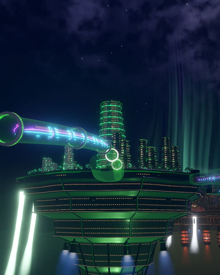 Gardens: a green tiered island under an aurora sky, a Lumenline tube with a train passing overhead