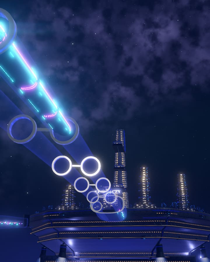 Grid: a blue island at night with a cyan tube and white ring gates