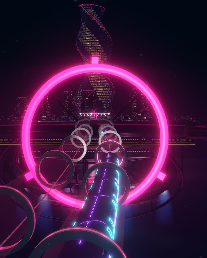 Loop: a magenta ring gate with a train inside a glass tube and a twisted tower behind