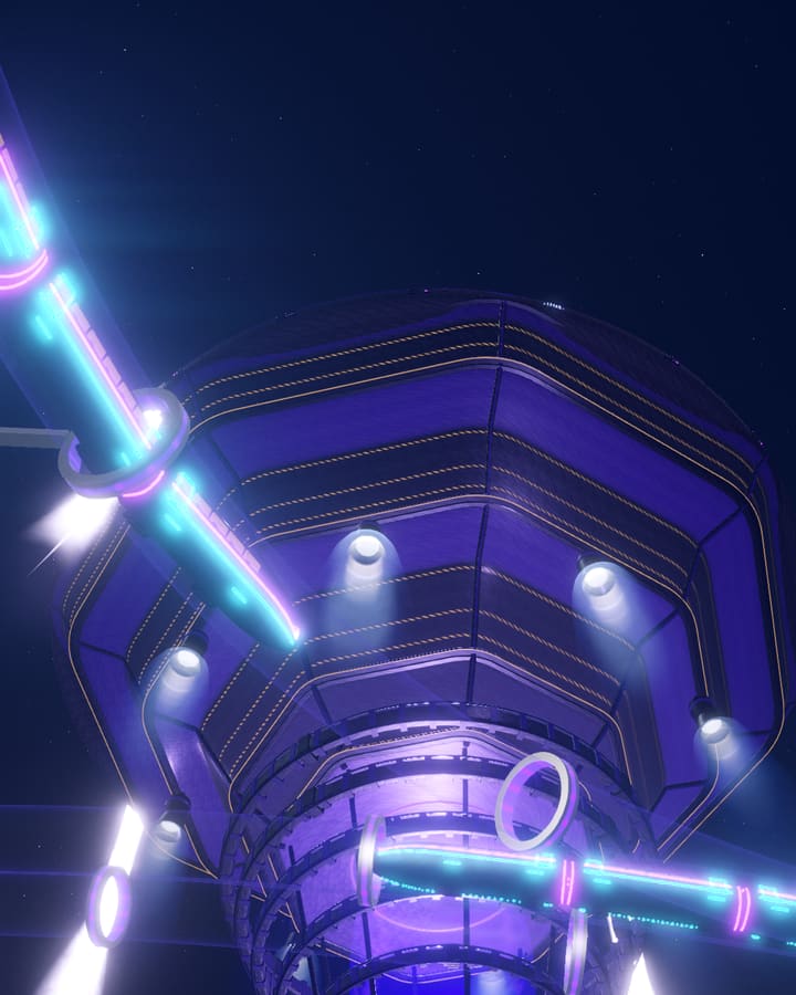 Nexus seen from below: a violet hexagonal underside with white thrusters and a cyan Lumenline tube