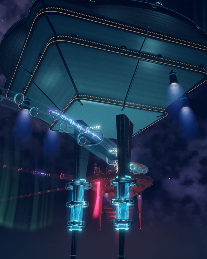 Spire: an ice-cyan underside with hanging cyan pylons and a Lumenline overhead