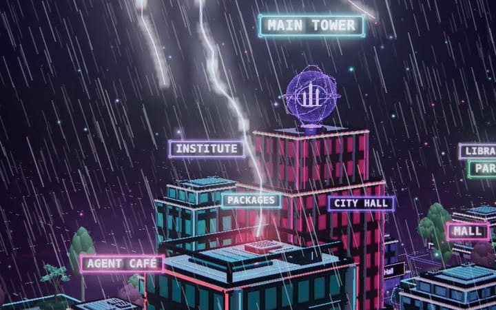 Code City: a repository drawn as a neon city, its folders as labelled buildings under a storm