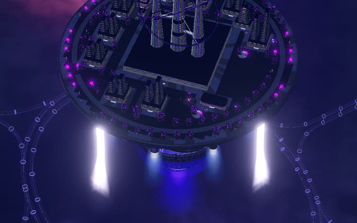 Version 7: the floating Nexus island seen from above, Lumenline tubes circling below it in purple light