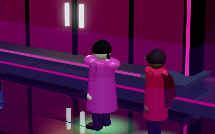 Version 5: two citizens at the door of the Main Tower in the Classic Neon city